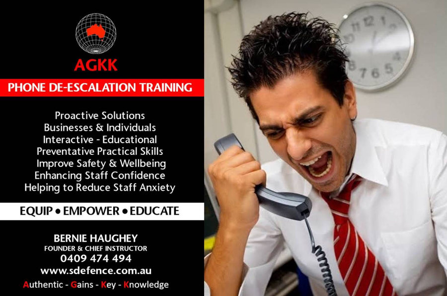 AGKK Phone De-escalation training that is custom-made to help protect your staff, business or organisation. Training staff with practical phone de-escalation skills and solutions for occupational violence and aggression.