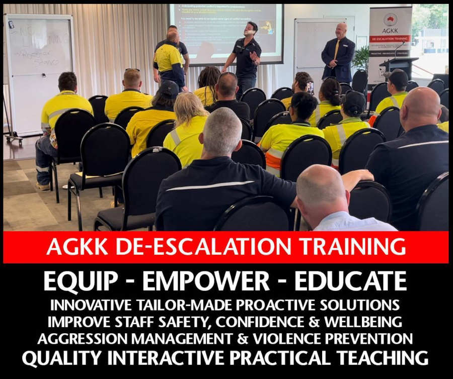 AGKK De-escalation Training is a practical training course, program or workshops that teaches employees,

staff and managers de-escalation skills on how to deal with people in crisis and to be more effective communicators so they can diffuse Occupational Violence and Aggression