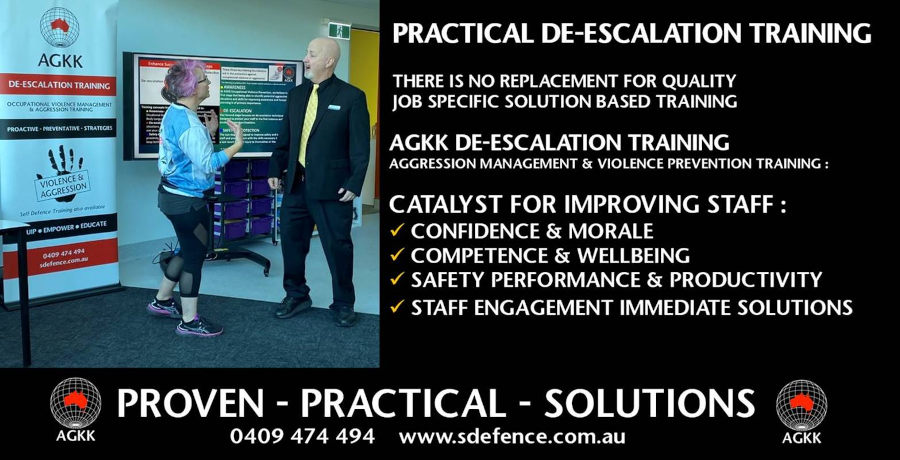 There is no substitute for high quality staff de-escalation training and OVA Training. AGKK de-escalation training has decades of proven, experienced, innovative and effective practical aggression management and violence prevention staff training.

The OVA training and de-escalation training workshops and Staff Self Defence training, programs or courses are catalyst for improving staff confidence & morale, employee competence & wellbeing, improving staff safety performance & productivity as staff will be engaged in solutions in the interactive practical de-escalation and OVA training. 